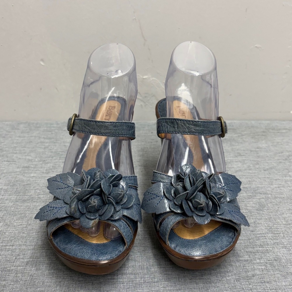Born Sandals Women 8 Blue W42172 Leather Floral Applique Platform Block Heel - Picture 3 of 14